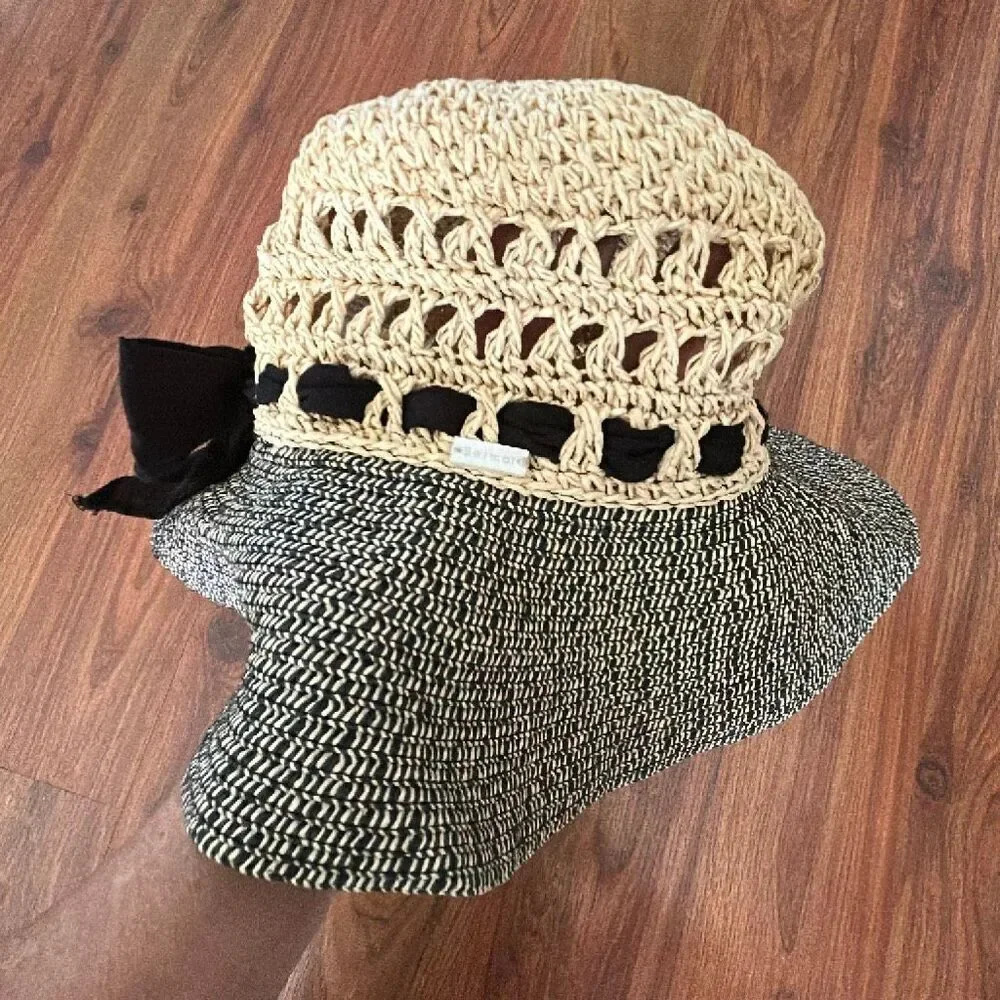 Betmar crochet straw cream black hat with bow beach hat floppy